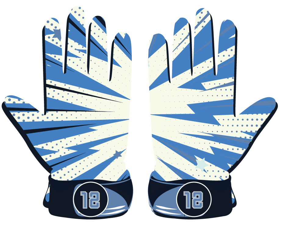 Pair of blue batting gloves with dynamic white and darker blue starburst design and number 12 on neoprene cuffs